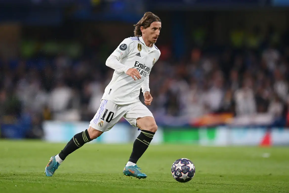 Luka Modric of Real Madrid in action during the UEFA Champions League quarterfinal second leg match between Chelsea FC and Real Madrid at Stamford Bridge on April 18, 2023 in London, England.