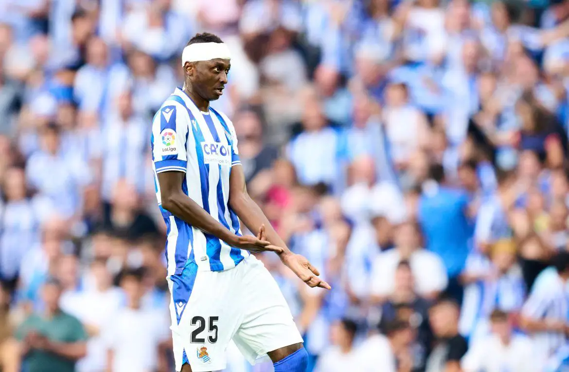 Sadiq Umar of Real Sociedad celebrates after scoring goal during the LaLiga Santander match between Real Sociedad and Atletico de Madrid at Reale Arena on September 03, 2022.