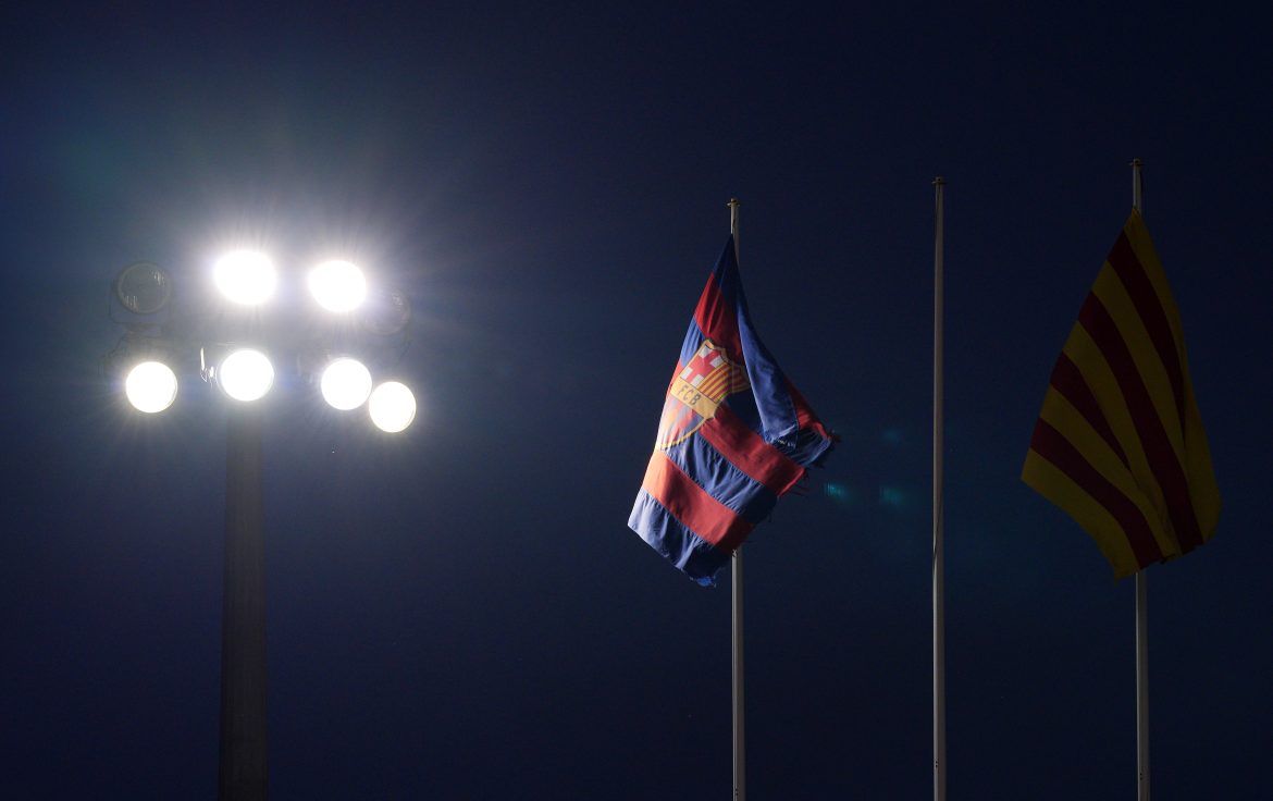 A general view of a FC Barcelona flag inside the stadium prior to a UEFA Champions League match