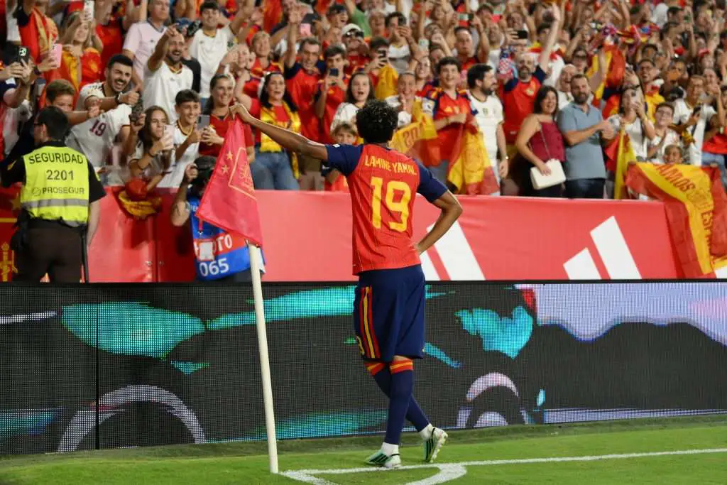 Lamine Yamal celebrates scoring for Spain against Croatia in the Nations League in Seville